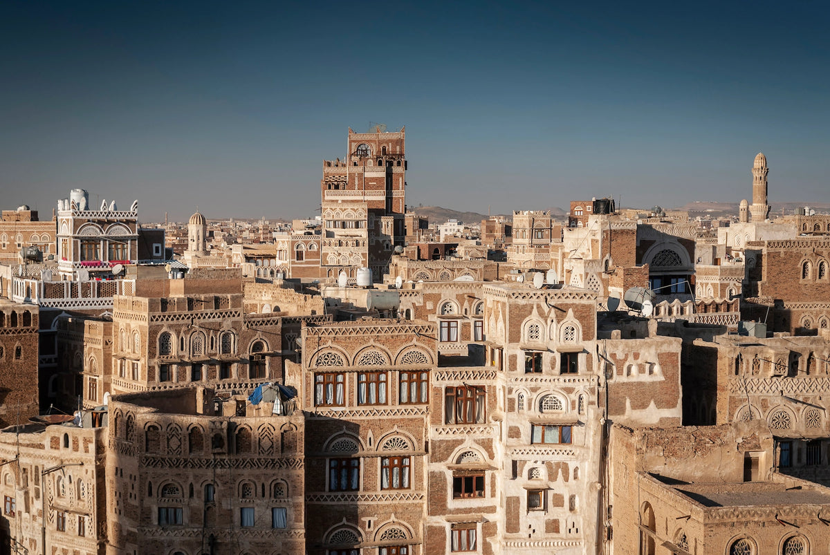 Verzierte Lehm-Turmhäuser in der Altstadt von Sanaa, Jemen.