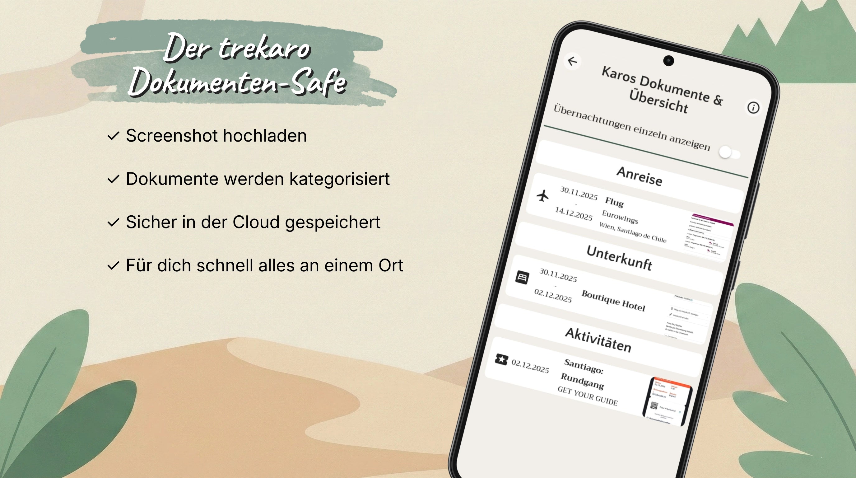 Infografik zum digitalen Dokumenten-Safe: Screenshots hochladen, automatische Kategorisierung und sichere Cloud-Speicherung für alle Reiseunterlagen an einem Ort.
